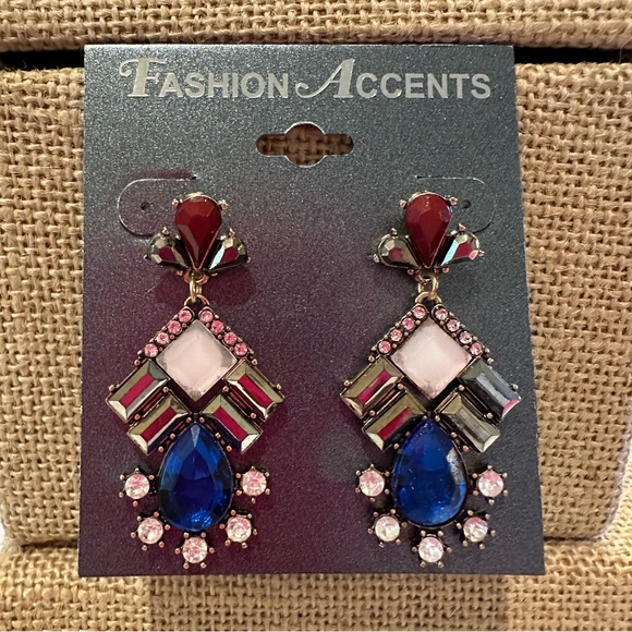 NWT Fashion Accents Earrings gold w/ maroon, pink, royal blue & hematite jewels - Picture 4 of 8